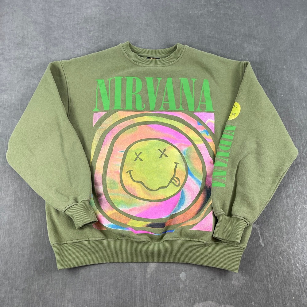 Nirvana Men M Green Sweatshirt Smiley Face Graphic Cotton On Crewneck